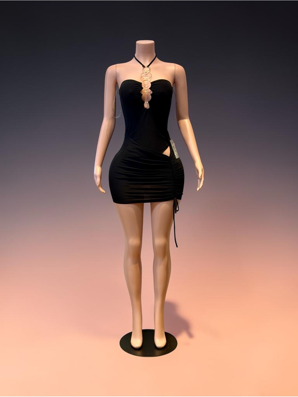 Black Halter Ruched Mini Dress with Decorative Neckline
